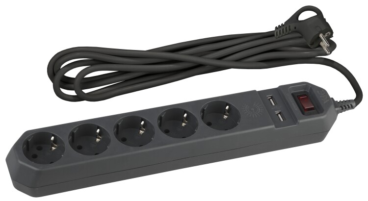 USF-5es-1.5m-USB-B Сет.фильтр ЭРА (черный) с заземл, 3x0,75мм2, с выкл, 5гн+2USB, 1.5м (20)